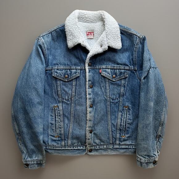Vintage Levis Sherpa Trucker Jacket 44 Blue 80s Heavy Denim Outerwear USA - Picture 1 of 12